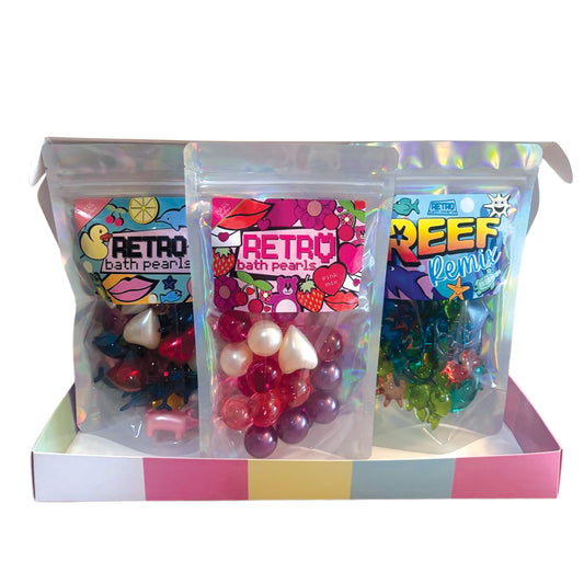 retro bath pearls, 90s bath gift set, nostalgic bath collection, Bare Boutique Retro Collection, fun bath products, oil-based bath pearls, retro self-care gift, under the sea bath set, hydrating bath pearls, 90s inspired body care.